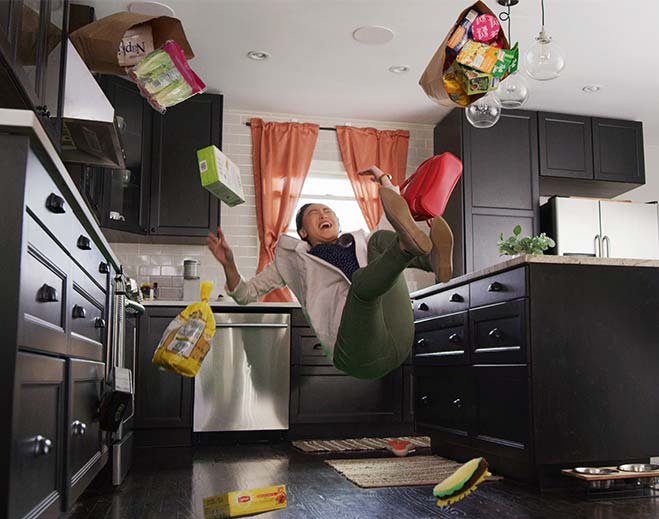 man slipping in kitchen